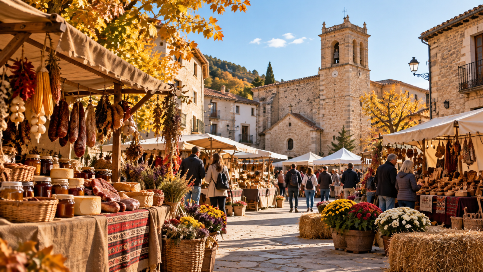 Ilustración de la Feria de Todos los Santos de Vistabella del Maestrat con puestos de productos locales y ambiente otoñal.